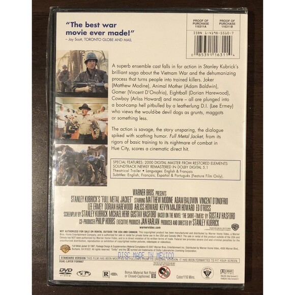 Full Metal Jacket DVD Stanley Kubrick Matthew Modine Adam Baldwin Warner Bros. - Picture 2 of 4